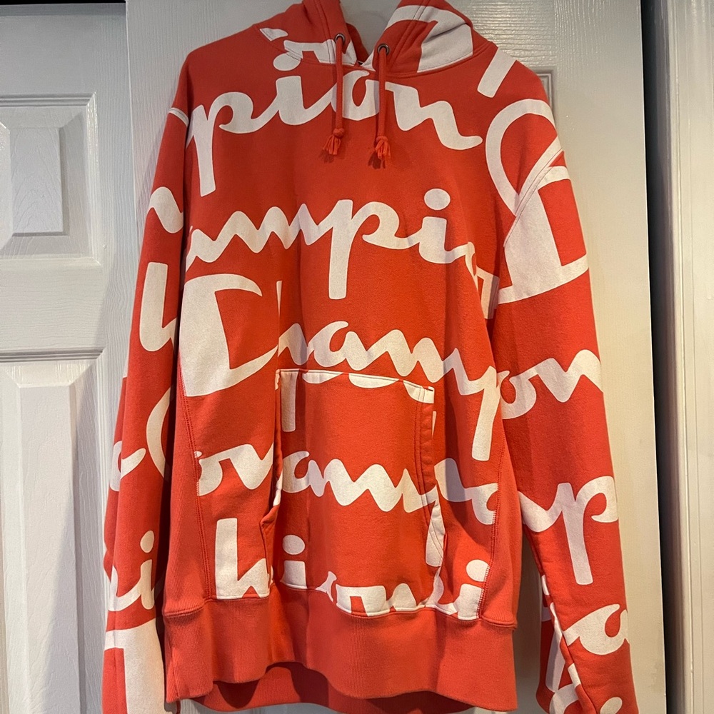 Champion Reverse Weave Hoodie Sweatshirt All Over Print Coral Size Large